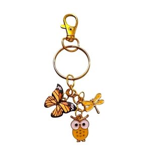 Gold and Orange Butterfly, Owl, And Dragonfly Keychain Or Bag Charm, NWOT